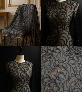 dentelle haute couture noire – broderies en relief & fils artistiques