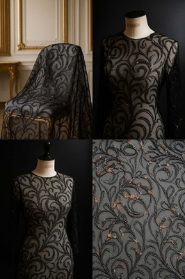 dentelle haute couture noire – broderies en relief & fils artistiques