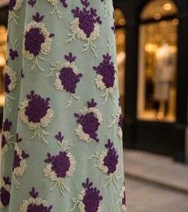 dentelle brodée violet & ivoire sur tulle vert d’eau