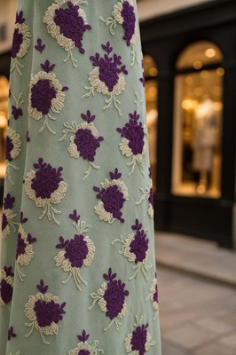 dentelle brodée violet & ivoire sur tulle vert d’eau